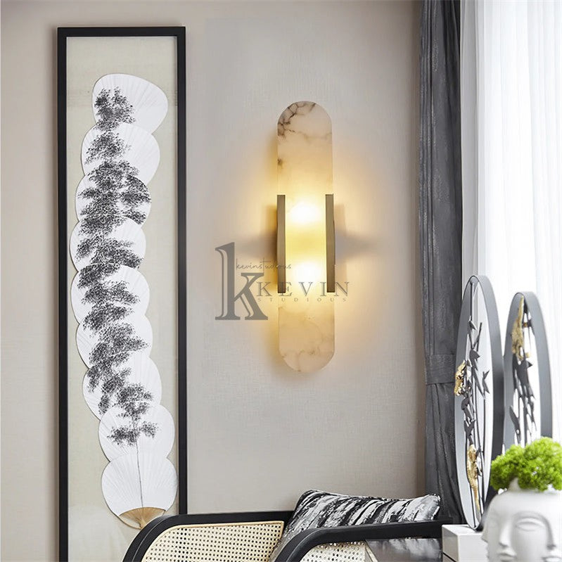 Koltin Melange Elongated Alabaster Wall Sconce wall sconce for bedroom,wall sconce for dining room,wall sconce for stairways,wall sconce for foyer,wall sconce for bathrooms,wall sconce for kitchen,wall sconce for living room Luster Gaze Brass H 28'' 