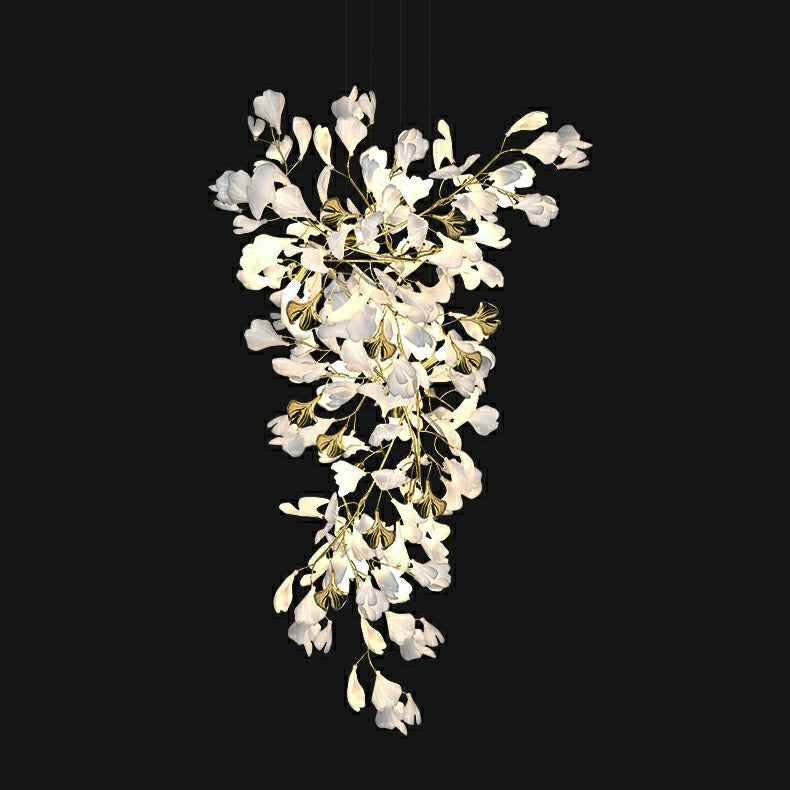 Artistic Tree Branch Pendant Light with Ceramic Ginkgo Leaves for High Ceilings in Hotel or Home - Luster Gaze