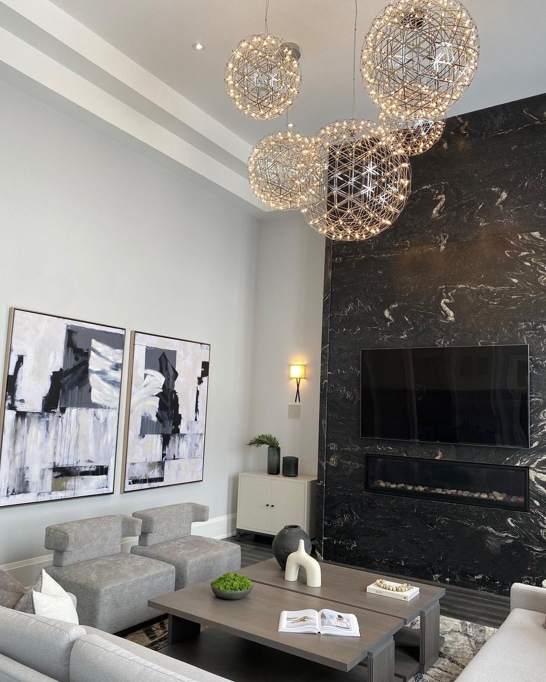 Round Starry Sky Chandelier Light Fire Ball Ceiling Lighting for Living Room/Cottage/High-ceiling