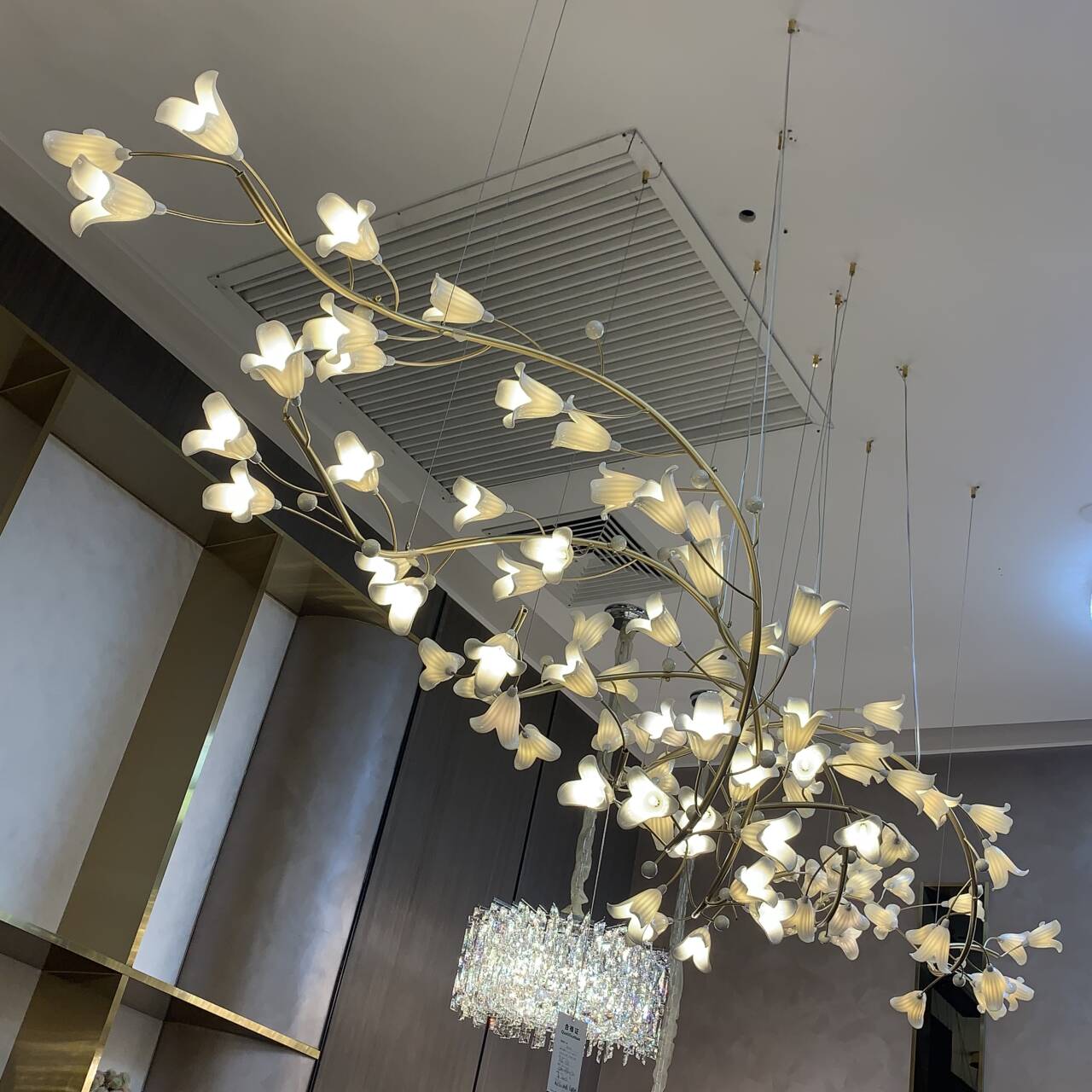 Luster Gaze Botanical Bloom Brass Ceramic Chandelier - American transitional great room with cathedral ceiling