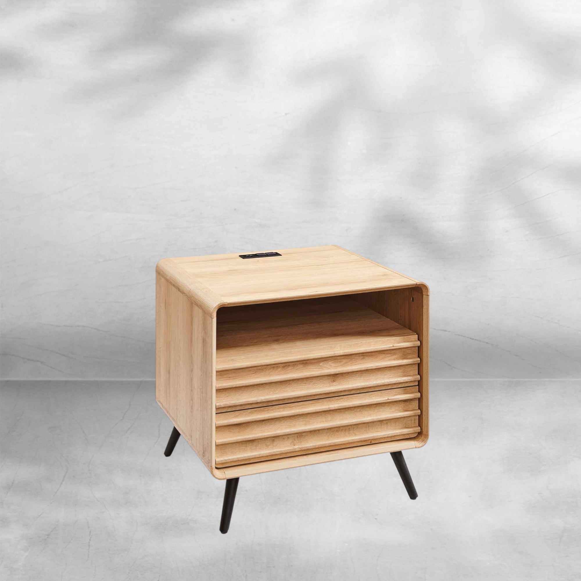 Mid Century Nightstand with Charger Station & Two Drawers