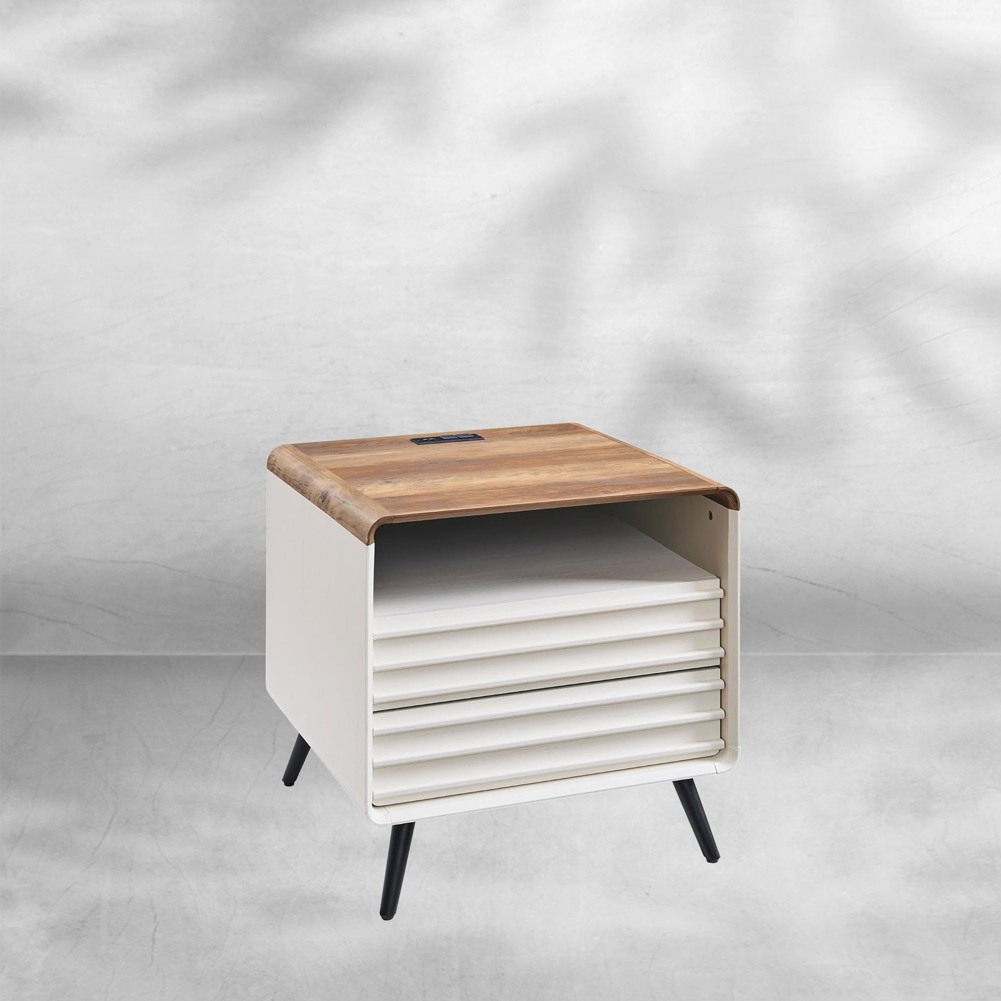 Mid Century Nightstand with Charger Station & Two Drawers