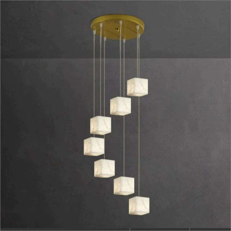 Olive Alabaster Cubic Round Pendant For Dining Table, Staircase Chandeliers Luster Gaze 7-Light  