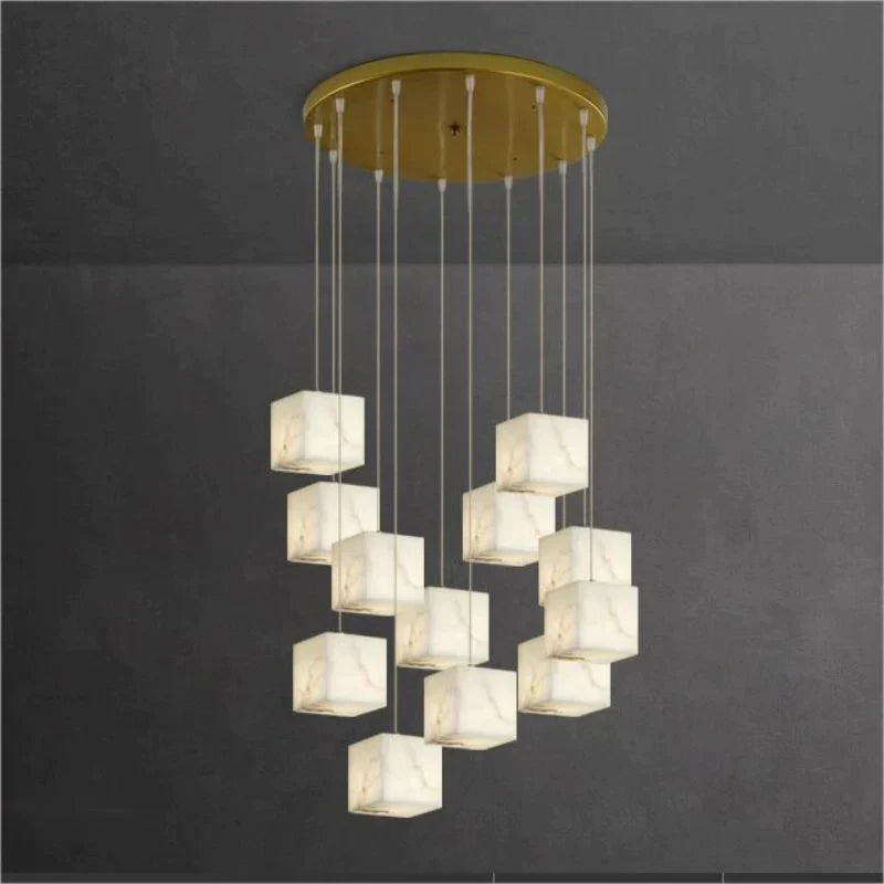 Olive Alabaster Cubic Round Pendant For Dining Table, Staircase Chandeliers Luster Gaze 12-Light  