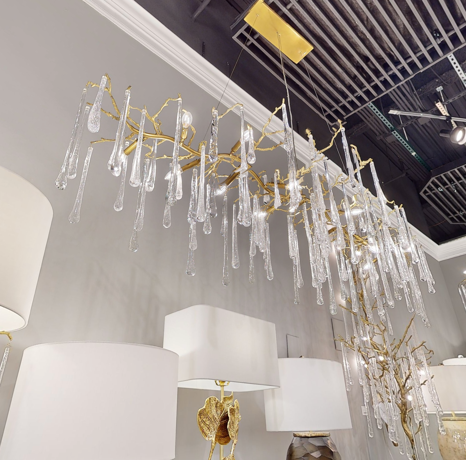 Teardrop Crystal Chandelier with Brass Branches 84" W - Luster Gaze