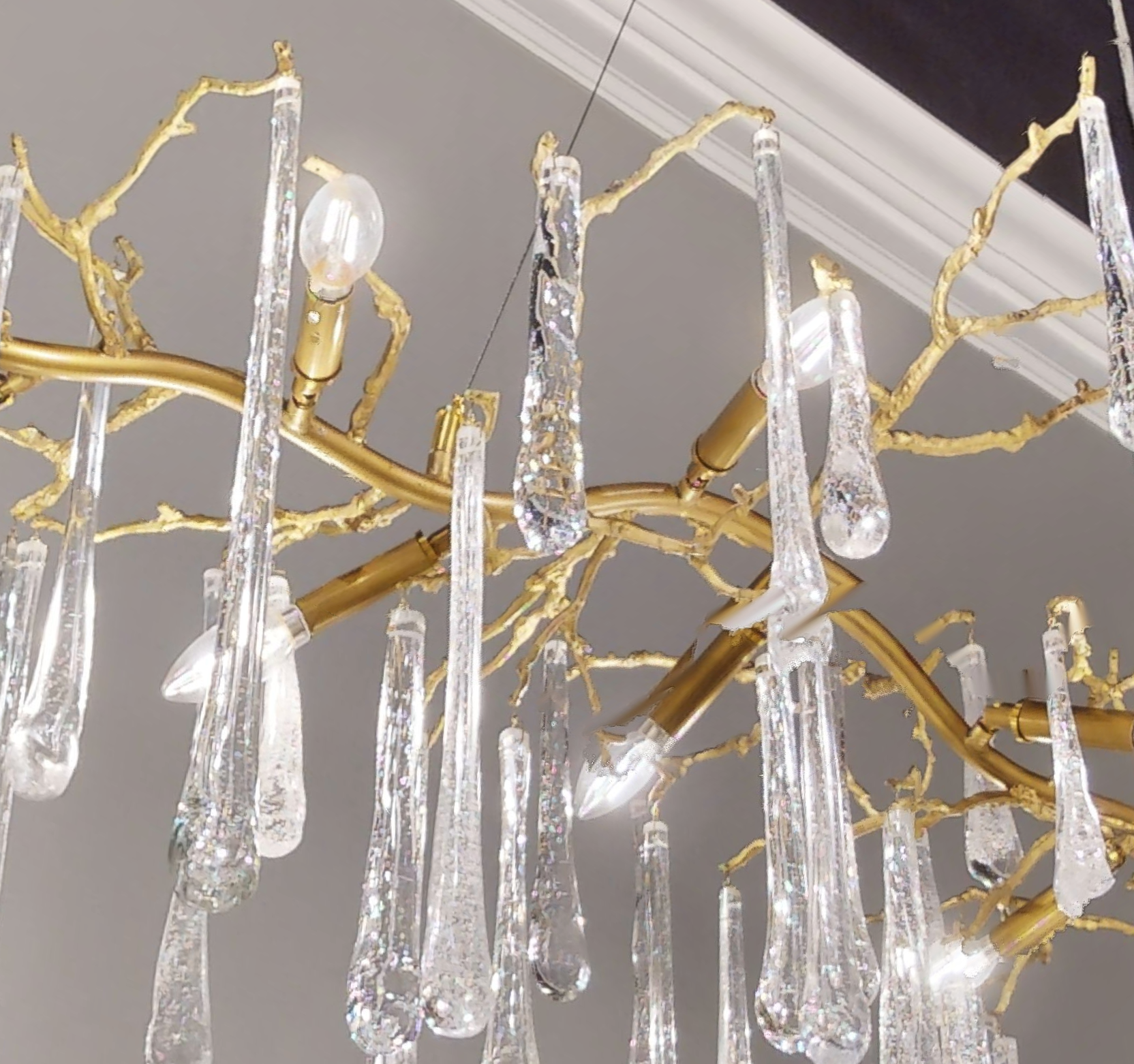 Teardrop Crystal Chandelier with Brass Branches 84" W - Luster Gaze