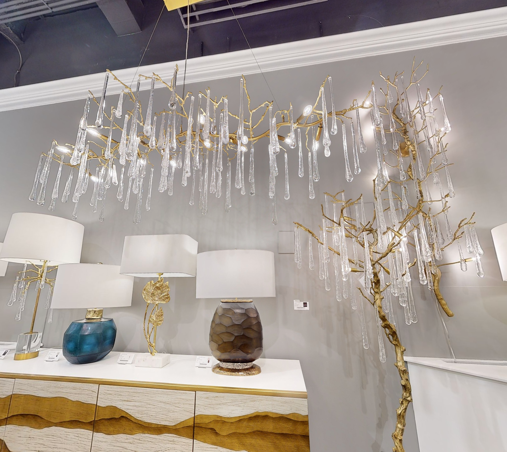 Teardrop Crystal Chandelier with Brass Branches 84" W - Luster Gaze