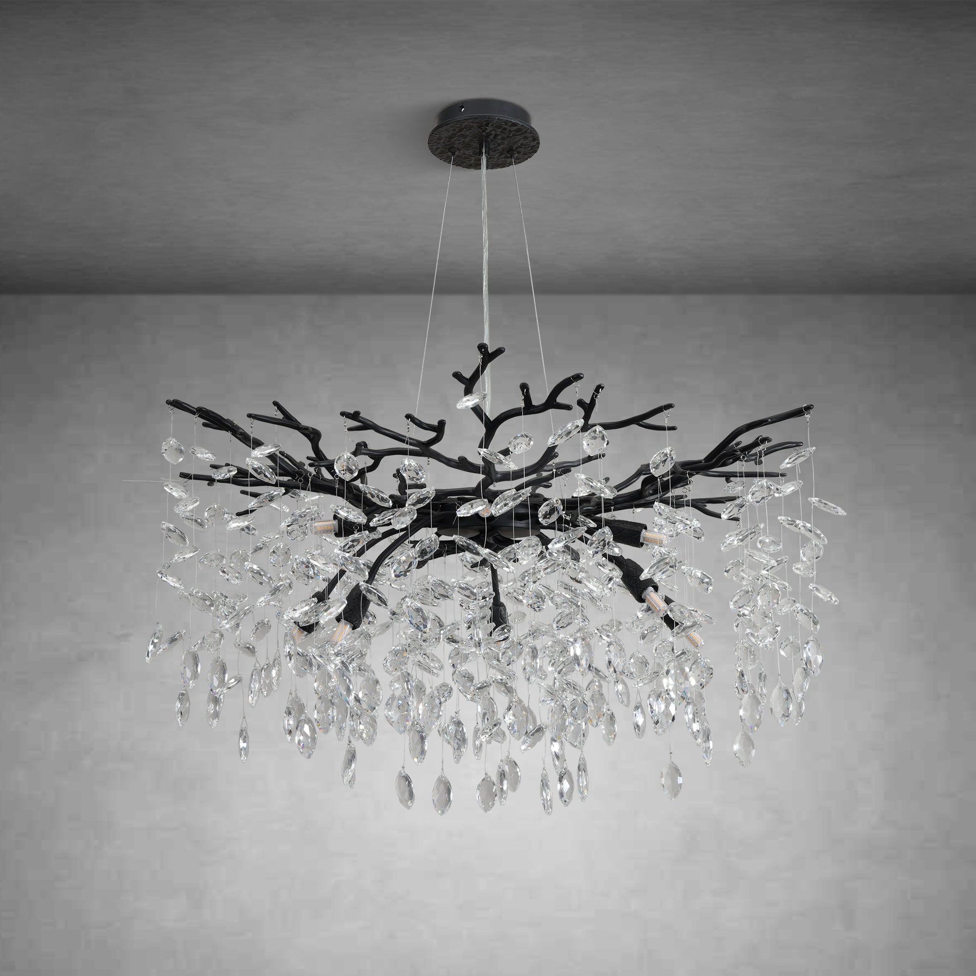 30" Black Crystal Chandelier, 10-Light Tree Branch Chandelier for Dining Room, Luxury Round K9 Crystal Raine Chandeliers Light Fixture for Living Room Foyer Entryway Bedroom Kitchen