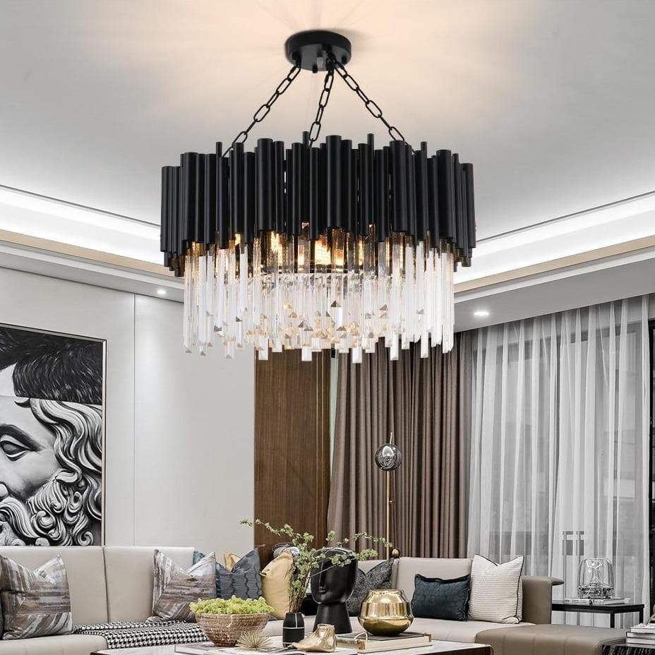 Luster Gaze Midnight Radiance Round Crystal Chandelier - dramatic American stairwell with soaring ceiling