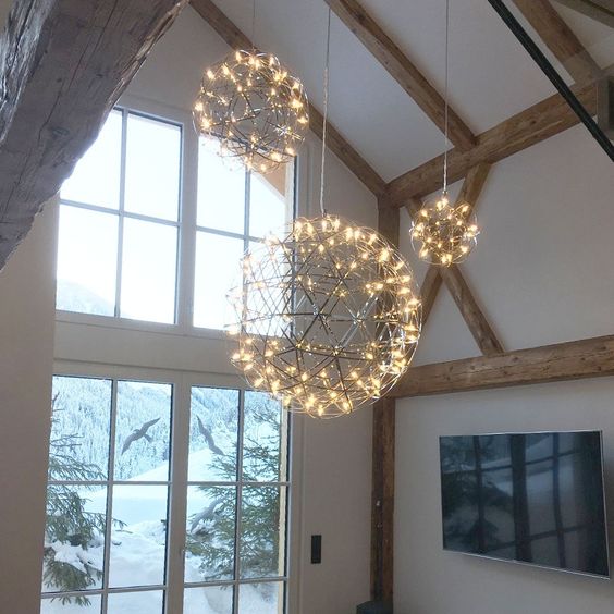 Round Starry Sky Chandelier Light Fire Ball Ceiling Lighting for Living Room/Cottage/High-ceiling