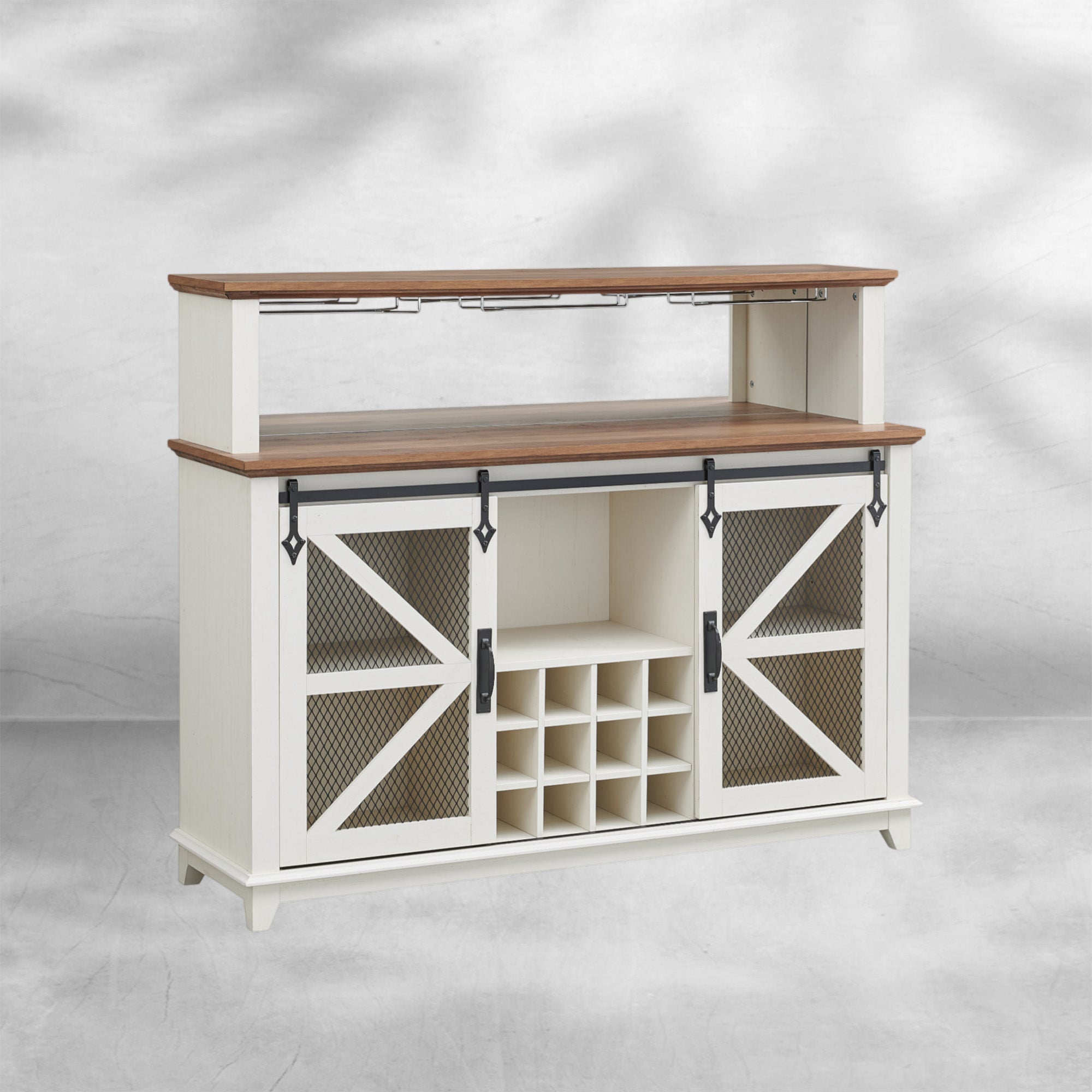 Farmhouse Coffee Bar Cabinet with LED Lights Antique White, 55-Inch