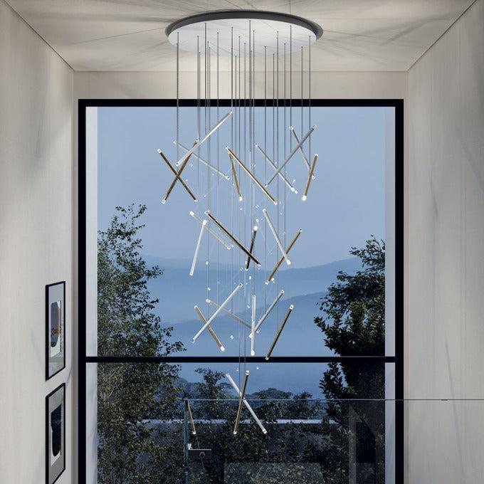 Luster Gaze Linea Sculptural Rods Chandelier - American transitional great room with cathedral ceiling